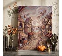 Fantasy Village Moon Scene Autumn Canvas Wall Art 8x12