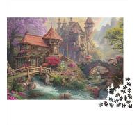 Fantasy Village Scene 1000 Pieces Jigsaw Puzzles Adults Cottage Castle Rainbow Stream Premium Thick Sturdy Vibrant Challenging Hard Stress Relief 70x50cm/1000pcs