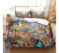 Fantasy Village Under Aurora Sky Duvet Cover Set 3 PCS Hotel Quality Quilt Cover Bedding Sets Bed Covers with Pillowcases with Zipper Closure Ultra Soft Hypoallergenic Microfiber Super King（260x220cm）
