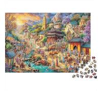 Fantasy Village Under Aurora Sky Recycled Paper Ancient Asian Market by River Jigsaw Puzzle Interactive Family Activity 70x50cm/1000pcs