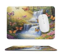Fantasy Vintage Butterfly Non-Slip Base Mousepad,Abstract Rustic Forest Waterfall Wildflowers Butterflies Stitched Edges for Decoration,Most Types of Mouse 11.8"x9.8"
