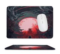 Fantasy Vintage Japan Dragon Stitched Edge Mouse Pad,Colorful Abstract Japanese Ancient Architecture Samurai Soft Mousepad with Non-Slip for Office,Home 9.4"x7.9"