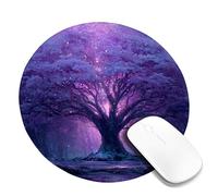 Fantasy Violet Tree Desk Mouse Pad, Vibrant Mystic Forest Stitched Edge Mousepad, Rubber Non-Slip Washable Gaming Mouse Pad for Home and Office Computer, Laptop Round 8x8 Inch