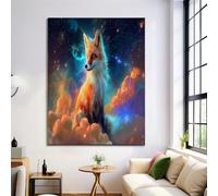 Fantasy Wall Art Poster Galaxy Fox, Orange Blue Print Canvas Picture for Home Decor 60x90cm Unframed, for Bathroom Living Room Office Yoga Spa Meditation Room