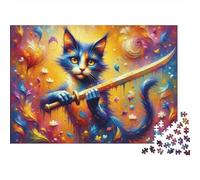 Fantasy Warrior Cat Sword Jigsaw Puzzles Puzzle for Adults Kids. 1000 Pieces Whimsical Challenge Toy Educational Game Home Decoration for Adults& Kids Age 14 Years Up 52x38cm/1000pcs