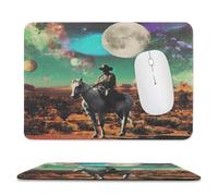 Fantasy Watercolor Western Cowboy Non-Slip Base Mouse Pad,Beautiful Abstract Desert Galaxy Full Moon Stitched Edges for Decoration,Most Types of Mouse 11.8"x9.8"