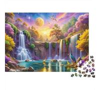 Fantasy Waterfall Landscape Hard 1000 Piece Family Game Night Puzzle Waterfalls Moon Sunset Birds Lake Premium Thick Sturdy Vibrant Challenging Stress Relief 38x26cm/1000pcs