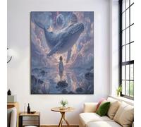 Fantasy Whale Canvas Wall Art Blue-Gray Painting Anime-Style Landscape Decor Poster For Living Room Home Decor Modern Canvas Wall Art Prints 12X16In No Frame