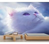 Fantasy White Cat Wall Mural Cute Cartoon Animal Murals Purple Cute Cat Mural Pet Themed Wallpaper Animal Murals Not Peel and Stick for Living Room Bedroom Kitchen 100 x 70 cm