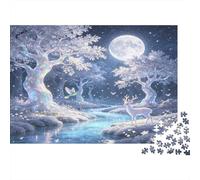 Fantasy White Deer 1000 Piece Jigsaw Puzzle Adult Paper Moonlit Forest Jigsaw Puzzle for Adults Relaxation Focus Home Decor 52x38cm/1000pcs