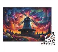 Fantasy Windmill Scene 1000 Piece Jigsaw Puzzle for Adults Windmill Aurora Flowers Night Premium Thick Sturdy Challenging Stress Relief Family Game Gift 52x38cm/1000pcs