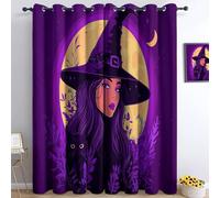 Fantasy Witch Cat And Moon Curtains 46 x 72 Inch Eyelet Soft Thermal Insulated Blackout Curtains, Purple Blackout Window Drapes for Boys Girls Bedroom Living Room Office Drop 2 Panels