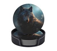Fantasy Wolf Coasters for Drinks Set of 6 Leather Drink Coasters with Holder Heat Resistant Bar Coasters Round Cup Mat Pad Cute Cup Coaster for Hot Cold Drink Kinds of Cups