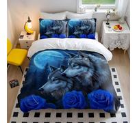 Fantasy Wolf Duvet Cover Gothic Wolf & Roses Print Bedding Set - Soft Microfiber Comforter - Blue Black Bedding (style3,Double200x200cm+65x65cm*2)