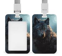 Fantasy Wolf ID Badge Holder with Lanyard Vertical Badge Reel Clip Durable Clear Window Name Tag ABS Plastic Push-Pull Design ID Card Holder for Office, Nurses, Employees