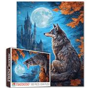 Fantasy Wolf Jigsaw Puzzle 1000 Pieces for Adults, Autumn Castle Blue Moon Sky Pumpkins Leaves Art Puzzles 20X27 Inches Halloween Landscape Jigsaws Game Unique Gift Home Wall Decor