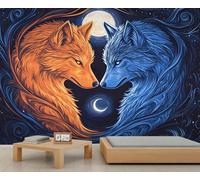 Fantasy Wolf Mural Fire Ice Wolf Wall Murals Cartoon Animal Wallpaper Bohemian Mystical Yin-Yang Mural Mythical Creatures Wallpaper for Bedroom Kids Room 450 x 305 cm