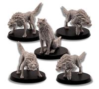Fantasy Wolves Miniatures Set - 5 Wolf Figures for Tabletop RPGs | 28mm Scale Animal Models | DnD, Pathfinder, Wargames | Epic Miniatures Licensed | Resin Unpainted Figures Collectors & Gamers