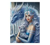 Fantasy Woman Dragon Snow Leopard 1000 Pieces Mini Jigsaw Puzzle for Adults | 38x26cm Cardboard Home Decor Smooth Surface Birthday Gift Mind Relaxation