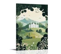 Fantasy Woodland Green Fairy Tale Castle Wall Art, Boho Folk Magical Forest, Hanging Paintings Poster Whimsical Charm for Living Room Bathroom Nursery Interior 08x12inch(20x30cm)