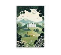 Fantasy Woodland Green Fairy Tale Castle Wall Art, Boho Folk Magical Forest, Hanging Paintings Poster Whimsical Charm for Living Room Bathroom Nursery Interior 16x24inch(40x60cm)