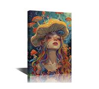 Fantasy World Mushroom Girl Canvas Wall Art Canvas Prints Wooden Framed Girl with Mushrooms on Her Head Pictures for Living Room Bedroom Kitchen Hallway Stairs Wall Decor 16 x 24 inch