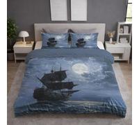FantasyArt Small Double Duvet Cover 180 X 220 cm, Cool Grey Blue Bedding Quilt Cover 3 Pcs, PirateShip Ocean Reversible Bedding Set Ultra Soft Brushed Microfiber Bed Set Bedroom Decor, 2 Pillowcases