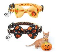 Fantasyon 2 Pack Detachable Halloween Cat Collar with Bells & Bows & Breakaway Feature, Black + Yellow, Animal Print, Polyester, Adjustable Size, All Breeds, Buckle Closure
