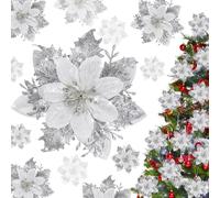 Fantasyon 20pcs Glitter Christmas Flowers Artificial Poinsettia Flowers, Silver Christmas Tree Decorations Xmas Tree Wreath Decorations Wedding Party Decor