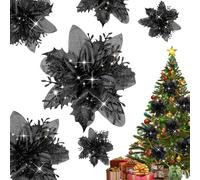 Fantasyon 20pcs Glitter Christmas Flowers with Artificial Poinsettia, Christmas Tree Flower Decorations Xmas Tree Ornaments Wedding Decorations (Black, 15CM)