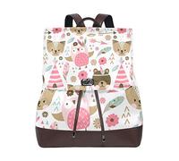 FANTAZIO Backpacks Cartoon Bear Fox Owl And Floral School bag leather Daypack