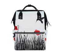 FANTAZIO Mummy Bag Backpack Red Poppies Hummingbirds Pattern School Bag