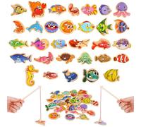 FANTESI 33 pcs Magnetic Fishing Game for Kids Wooden Fish Educational Toys Ocean Animal Games Magnets Learning Games with Fish Rod for Birthday Party Christmas Stocking Filler