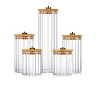 FANTESTICRYAN Glass Storage Jars Set of 5, Decorative Coffee Bar Container with Airtight Bamboo Lid Metal Ring for Home Kitchen Storing Candy, Cookie, Pasta, Nuts, Oatmeal and Bathroom Salt