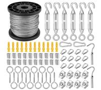 FANTICDE 50m/2MM Garden Wire for Climbing Plants, Fence Rope Clips, Heavy Duty 304 Stainless Steel Cable, Turnbuckle Tensioner Kit, Catenary Wire for String Lights Hanging