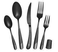 FANTICDE Cutlery Set, 20 Piece Stainless Steel Black Flatware Set for 4, Elegant Tableware Silverware Include Knives Forks Spoons, Hammered Silverware Set, Mirror Finish, Dishwasher Safe