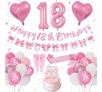 Fantspati 18th Birthday Decorations Girls, Pink Bow Theme, Includes 25 Balloons, Banner, Bow Banner, Heart Foil Balloons, Hair Clips, Sash, Cake Topper