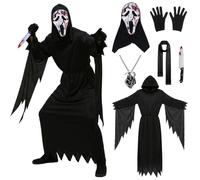 Fantspati Halloween Costume Set, 6 Pieces, Grim Reaper Horror Costume Set with Bloody Ghostface Scream Mask, Hooded Cape, Toy Knife, Gloves, Belt & Necklace for Carnival Cosplay