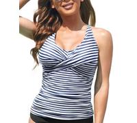 Fanuerg Tankini Top Only Twist Front Bathing Suit Tops for Women Tummy Control Tank Tops V Neck Swimsuit Top No Bottom, Blue Stripe, Medium
