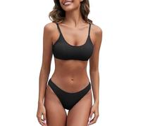 Fanuerg Women's Ribbed Bikini Sets Scoop Neck Cheeky Swimsuit Textured Two Piece Bathing Suit, Black, Medium