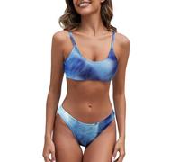 Fanuerg Women's Ribbed Bikini Sets Scoop Neck Cheeky Swimsuit Textured Two Piece Bathing Suit, Blue Tie Dye, Medium