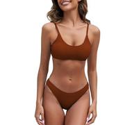 Fanuerg Women's Ribbed Bikini Sets Scoop Neck Cheeky Swimsuit Textured Two Piece Bathing Suit, Coffee Brown, Large