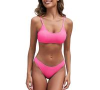 Fanuerg Women's Ribbed Bikini Sets Scoop Neck Cheeky Swimsuit Textured Two Piece Bathing Suit, Hot Pink, XL
