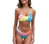 Fanuerg Women's Ribbed Bikini Sets Scoop Neck Cheeky Swimsuit Textured Two Piece Bathing Suit, Rainbow Tie Dye, Large
