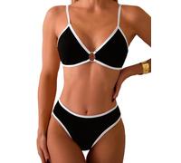 Fanuerg Women's Triangle Bikini Sets O Ring Linked Two Piece Swimsuits Floral Printed Cheeky Bathing Suit, Black White, Large