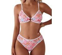 Fanuerg Women's Triangle Bikini Sets O Ring Linked Two Piece Swimsuits Floral Printed Cheeky Bathing Suit, Pink Floral, Large