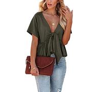 Fanway&EC Women's Short Sleeve V Neck Blouses Ruffle Hem Tie Front Crop Tops Lightweight Basic Summer Tops, Army Green, XL