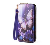Fanwill Checkered Cow Print Wallet For Women Skull Goth Frog Butterfly Turtle Ladies Cluth Wristlet Wrist strap Long Purse Zip Around Card Holder, Purple Butterfly, 8*4*12.in, Wristlet Wallet