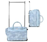 Fanwoli 23" Denim Dance Bag with Garment Rack | Vintage-Inspired | Waterproof Finish PU Leather | Competition Duffle Bags for Travel | Rolling Suitcase for Dancer Cheerleader Performers, Light Wash