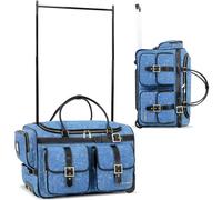 Fanwoli 23" Denim Dance Bag with Garment Rack | Vintage-Inspired | Waterproof Finish PU Leather | Competition Duffle Bags for Travel | Rolling Suitcase for Dancer Cheerleader Performers, Denim Blue